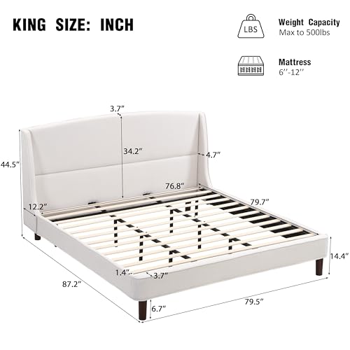 Merax King Size Plywood Upholstered Platform Bed Frame, with Wingback Headboard, Solid Wood Leg, Box Spring Not Required for Bedroom Small Apartment, Beige by Merax - Used condition - Image 3