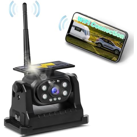 UNITOPSCI WiFi Magnetic Hitch 1080P Solar Wireless Backup Camera Rear/Front View Camera Rechargeable Night Vision Waterproof for Cars Travel Trailer Pickup RV Camper Reverse for iPhone iPad Android Cover