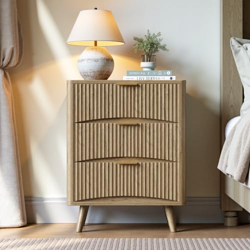 Image of Evermagin 29 inch Tall Fluted Nightstand Set of 2 with 3 Drawers | Oak Night Stand,Wooden Bedside Table, Mid Century Modern Side Table for Bedroom, livingroom
