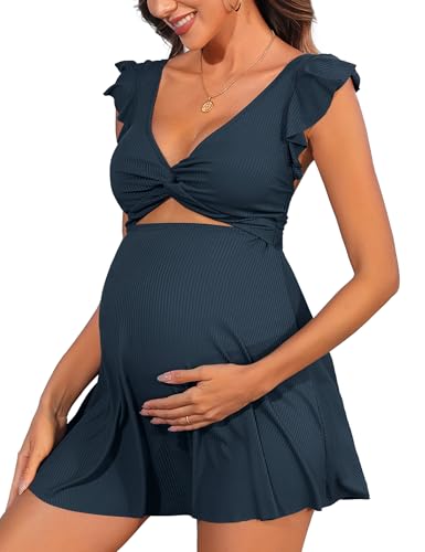 Charmo Ribbed Maternity One Piece Swim Dress Pregnancy Swimsuit with Built-in Bottom Swimwear Twist Front Skirt Bathing Suit Navy L