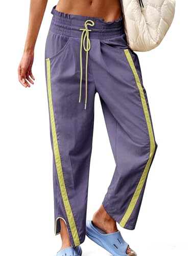 CITASHION Track Pants Women Casual Drawstring Barrel Sweatpants Lightweight Baggy Contrast Color Workout Pants Purple Yellow S