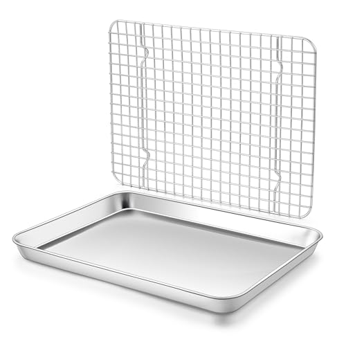 Baking Sheet with Wire Rack Set, Homikit Stainless Steel Quarter Sheet Pan with Grid Cooling Rack for Toaster Oven Roasting, Metal Bacon Cookie Trays Nonstick Jelly Roll Pan, 12