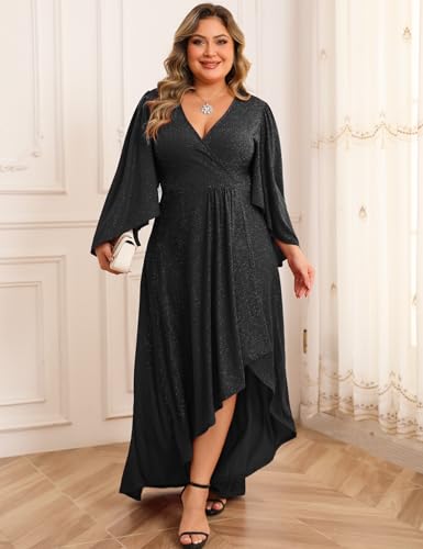 ZOMVA Plus Size 0X-4X Sparkly Glitter Formal Maxi A Line Dress Sparkle Wrap Handkerchief Sleeve Prom Cocktail Evening Gown4