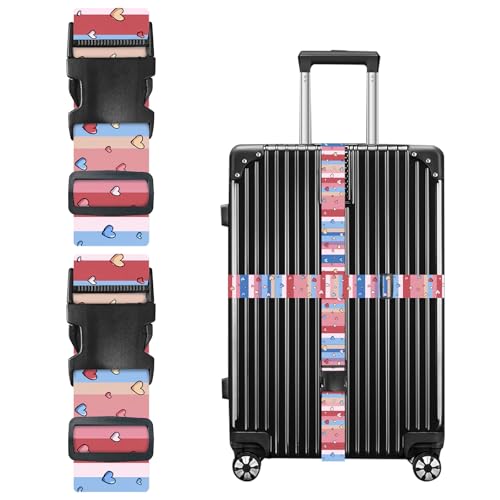 Image of Nuxovilar Luggage Straps Set for Suitcase 1.96x71in Polyester | Cargo Strap Travel Belt Security Buckle Band Romantic Trip Holiday Journey Airport (Hearts on Stripes)
