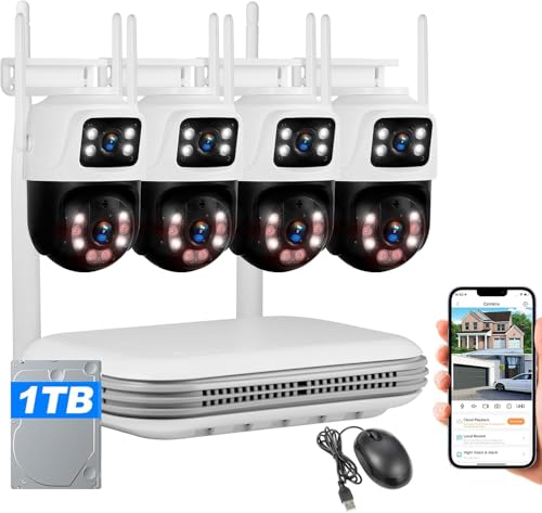 KERUI Outdoor Surveillance Camera Set WiFi with 8 CH NVR 4 Pcs 6MP Color Night Vision Dual Lens 360° Wide Angle Camera Surveillance People Detection Auto Track 2-way Audio with 1TB HDD for 24/7