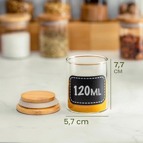 Miniatura 6 de Praknu Botes Especias Cristal 120 Ml - 10 Tarros Especias De Cristal Con Tapa - Rotulador Etiquetas - Herméticas - Aptos Para Lavavajillas - Organizador Para Cocina - Hierbas Té