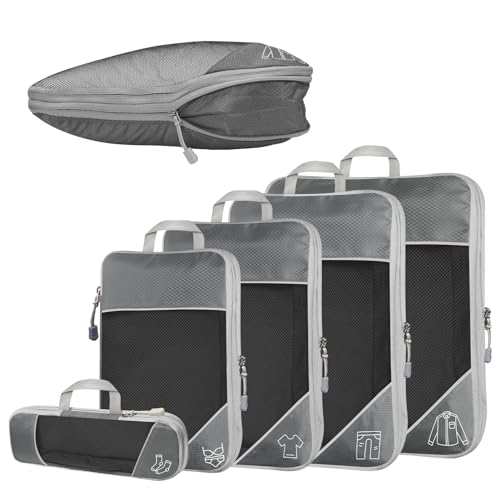 5-teilig Kompressions Packwürfel Set für Reisen, Compression Packing Cube zur Organisation Ihres Reisegepäcks, Ultraleichte, Aufbewahrungstasche, Koffer-Organizer, für Rucksack & Koffer (Grau)