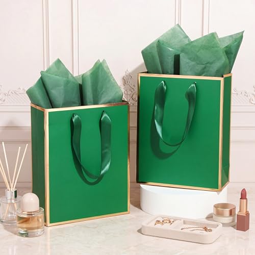Image of Yeaqee 24 Pack Metallic Paper Gift Bag with Tissue, Green Gold