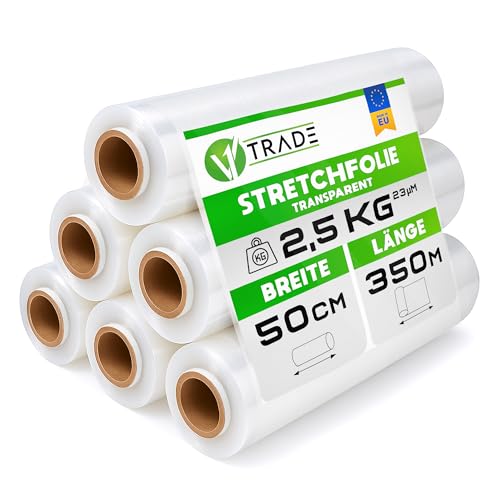 V1 Trade Stretchfolie Transparent Strechfolienrolle - 6 Wickelfolie - Handstretchfolie 350m/50cm Verpackungsmaterial - Verpackungsfolie auf Rolle - Folie Für Möbel - Folien Für Umzug - Umzugsfolie