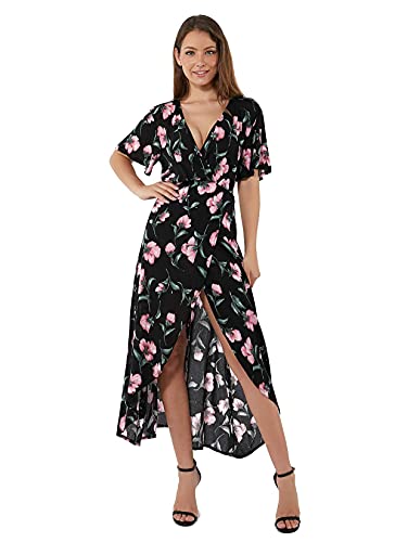 Bocianelli Wrap Maxi Dress Short Sleeve V Neck Floral Flowy Front Slit High Low Women Summer Beach Party Wedding Dress… Black