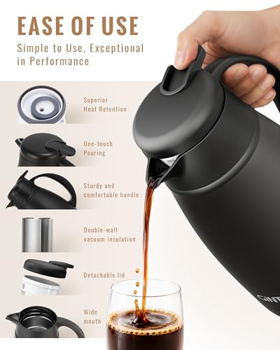 Image of GiNT Thermal Coffee Carafe 51 Oz, Stainless Steel Insulated Beverage Server with Easy-Clean Detachable Lid, Leak-Proof One-Hand Pour Large Dispenser for Hot Drinks and Coffee Pot for Home Office