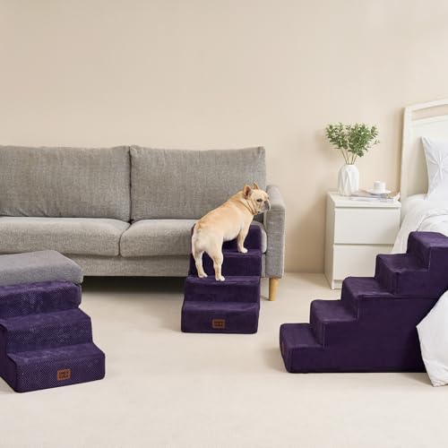 Image of EHEYCIGA Dog Stairs for High Bed 22.5 inch H, 5-Step Dog Steps for Bed, Pet Steps for Small Dogs and Cats, Non-Slip Balanced Pet Ramp Indoor, Purple
