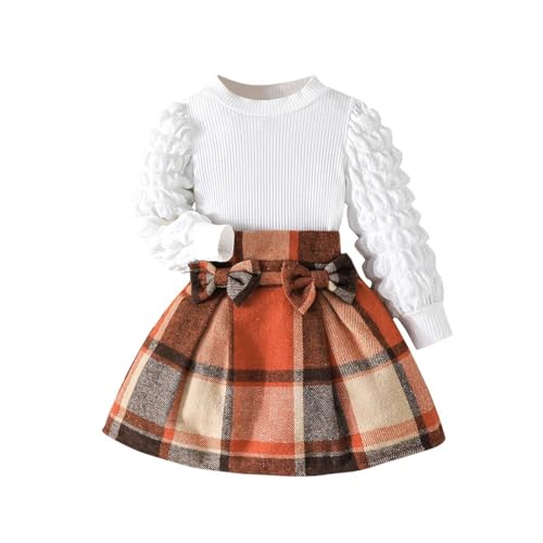 Image of Noubeau Toddler Girls Plaid Outfits Girls Puff Sleeve Knit Ribbed Shirt Tops Plaid Skirt Set Kids Fall Winter Clothes