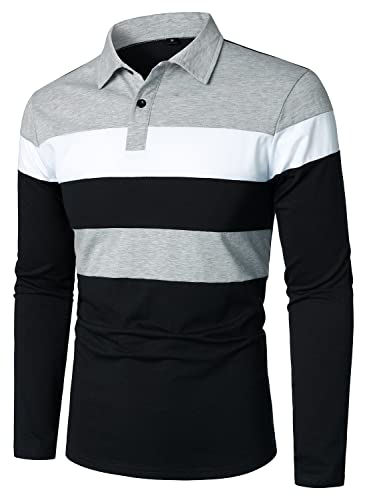 HOOD CREW Men’s Long Sleeve Shirts Fashion Color Block Striped Polo Shirt