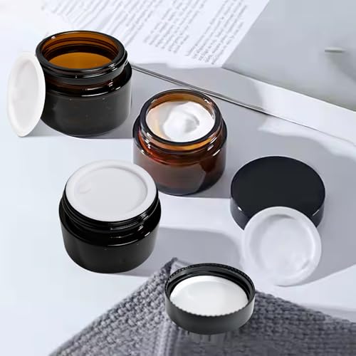 64 Pcs 1oz Glass Jars with Lids, Small Cosmetic Containers Bulk Amber Tins Glass with Inner Liners, Facial Mask Spoons, and Labels for Travel Lotions, Creams, and Candles (Black Lid)
