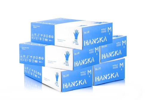 HANSKA Paquete de 500 guantes desechables de nitrilo Azul - Sin polvo - Desechables - Ambidiestros - Base de goma - Apto para uso médico y manipulación de alimentos (500, M)