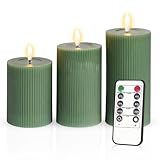  Meisterhome® 3er-Set Flammenlose LED Kerzen - Grün - Ribble Design Stumpenkerze - mit Fernbedienung – mit Timer - Batteriebetrieben – Warmweiß - 10/12,5/15 cm hoch - mit flackernder Flamme