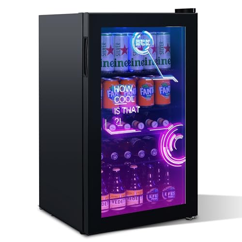 HCK 126 Can Beverage Refrigerator with Color Changing Door, Mini Gaming Fridge with Glass Door, Black Cyberpunk Beer Fridge LED Lighting Bar Fridge for Gaming Room 3.5 Cu.Ft.