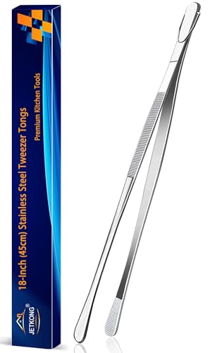 JETKONG 18 Inch (45cm) Extra Long Grill Tongs, Heavy Duty Stainless Steel Tweezer Tongs for Cooking, Grilling, Barbecue/BBQ, Buffet and Turning Food (Round Tips)