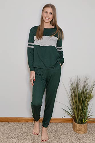 Prettygarden Women's Color Block 2 Piece Tracksuit Crewneck Long Sleeve Tops Long Sweatpants Outfits Lounge Sets(Dark Green,X-Large) #TOP1