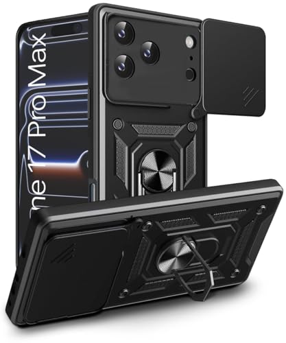 Image of WOW IMAGINE Tough Armor Bumper Mobile Back Case for iPhone 17 Pro Max | Sliding Camera Shield Cover | Shock Proof 360 Protection | Hybrid PC + TPU | Ring Holder with Kickstand - Black