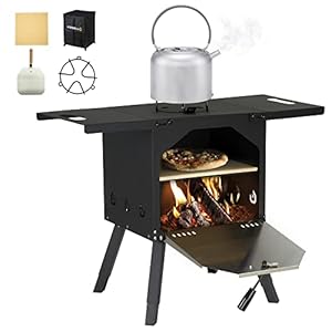 Pizzello Outdoor Pizza Oven Wood Fired 2-Layer Pizza Ovens Include Pot Holder for Warming Food, Pizza Stone, Pizza Peel, Cover, Foldable Shelves & Adjustable Legs, Pellet Oven for Party Camping