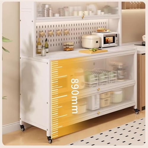 Estante de cocina de 6 niveles, soporte para microondas con armario de puerta abatible, ganchos ajustables, patas rodantes para una organización de almacenamiento eficiente
