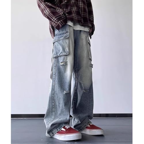 Men's Cargo Jeans Loose Fit Casual Straight Wide Leg Retro Hip Hop Ripped Denim Trousers with Pockets4
