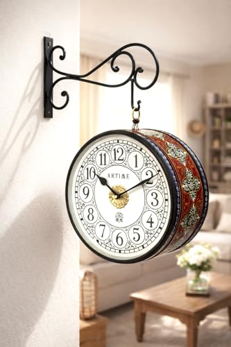 Image of Handcrafted Double Side Metal Analog Vintage Wall Clock | 1.5 Year Machine Warranty | 10 INCHES | 1 Side Number 1 Side Roman,Color (Blue Handprint)