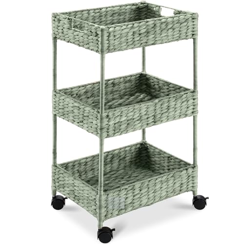 Best Choice Products 3-Tier Water Hyacinth Rolling Nursery Caddy w/Wheels, Utility Cart, Storage Organization for Bathroom, Craft Room, Laundry Room - Sage