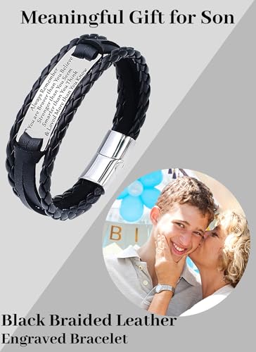 HAYOUWAY Mens Leather Bracelet Gifts for Him Men, Personalised Handmade Braided Leather Bracelet for Men Women Teen Boys Son Gifts with Stainless Steel Magnetic Clasp Engraved Inspirational Quote