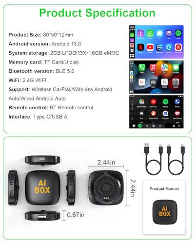 Adaptador sem fio CarPlay e adaptador sem fio automático Android compatível com Netflix/YouTube - Ma
