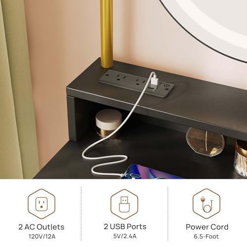 Seventable Vanity Desk with Lighted Mirror & LED Lights, Makeup Table with Power Outlet & 4 Storage Drawers, Includes Makeup Stool for Bedroom, Black & Gold - Thumbnail 5