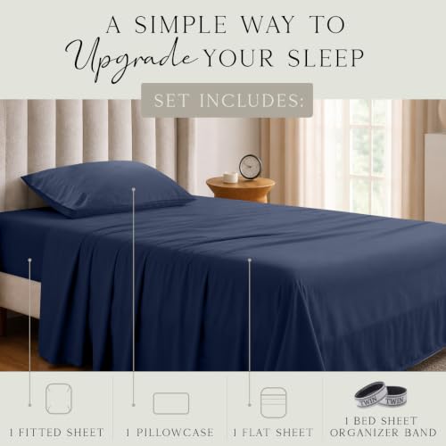 Image of KARISSA MAE Luxury Bamboo Viscose Twin Size Sheet Set | FSC Certified | Cooling | Ultra Soft | 18 inch Deep Pockets | Elastic Corner Straps | Includes Organizer Band [Navy]