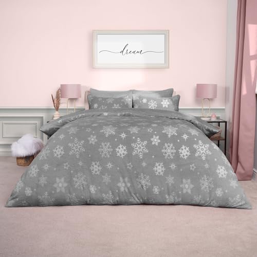 OHS Teddy Fleece Christmas Duvet Set Double Grey Snowflakes, Duvet Cover Double Winter Bedding Double Bed Set with Pillowcases Quilt Cover Super Soft Comfy
