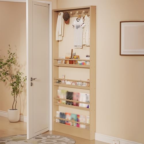 Image of GCXNSKDQN Behind The Door Bookshelf,Kids Behind The Door Storage Shelf with Hooks,Wooden Slim Wall Shelf,for Books, Toys, and More(27.5x3.9x70in)