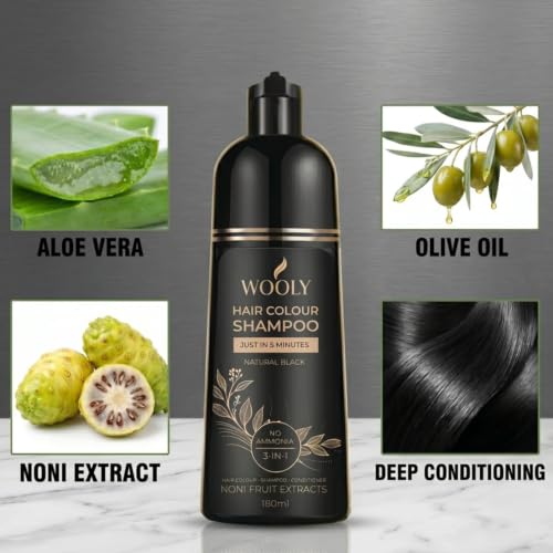 Image of Wooly Hair Colour Shampoo, Ammonia-Free, Natural Black, 180ml, Grey Coverage, for Indian Hair, with Noni Fruit Extracts, Olive Oil and Aloe Vera