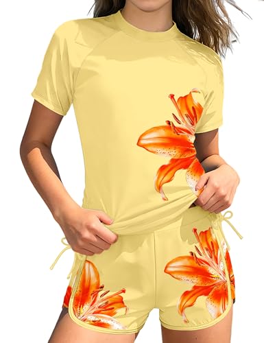 Image of AGAPENG Girls Swimsuit Two Piece Short Sleeve Rash Guard Floral Print Ruched Girls Bathing Suit UPF 50+ Swimwear for 9-16Y