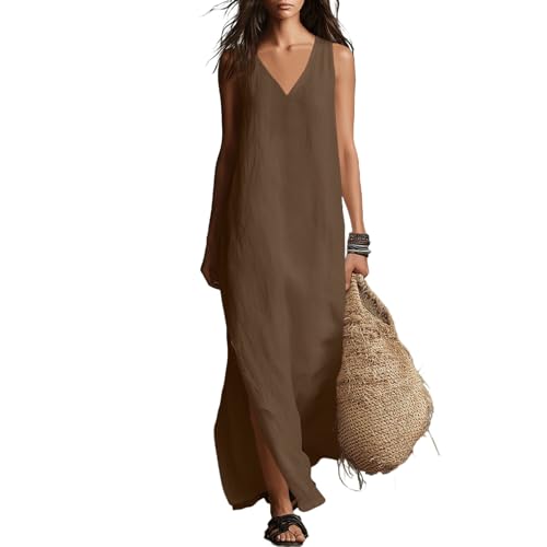 Robe d'été longue anti-UV en lin et coton à col en V protecteur
