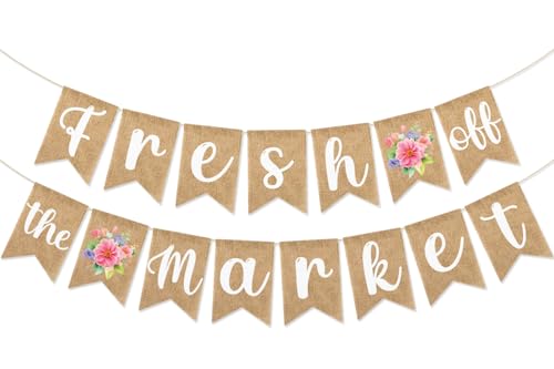 Image of She's Fresh Off The Market Burlap Banner Pre-Assembled for Farmers Market Bachelorette Party Floral Bridal Shower