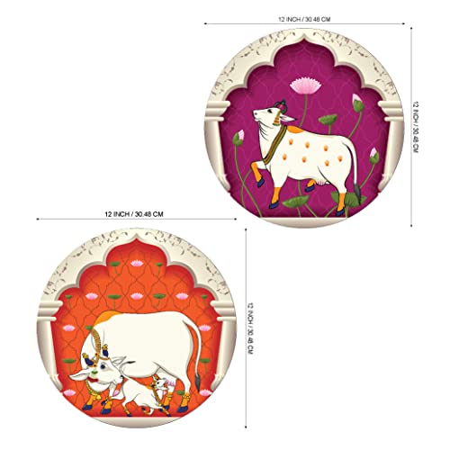 Image of SAF Wood Round Shape Pichwai Cow Art Mdf Wall Painting For Living Room 12X12 Inch Lrb18-L2