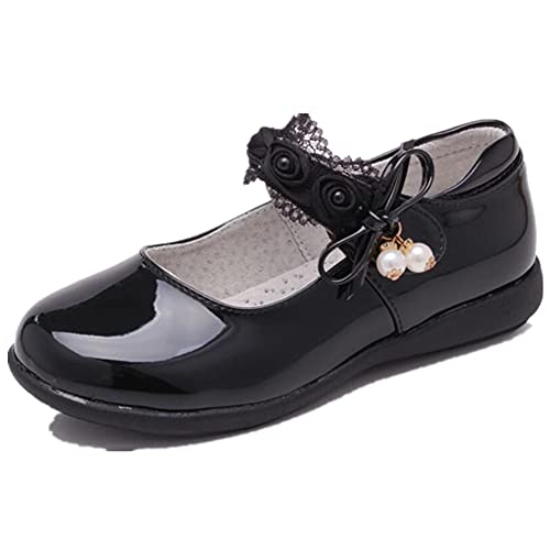 Girl's Casual Mary Jane Ballerina Flats Black School Uniform Oxfords Pearl Strap Dress Shoes