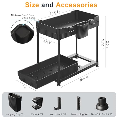 Sevenblue 2 Pack Multi-Purpose Under Sink Organizers and Storage, 2026 Pull Out Cabinet Organizer for Bathroom & Kitchen, Under Cabinet Organizer with Hooks Hanging cup, Black