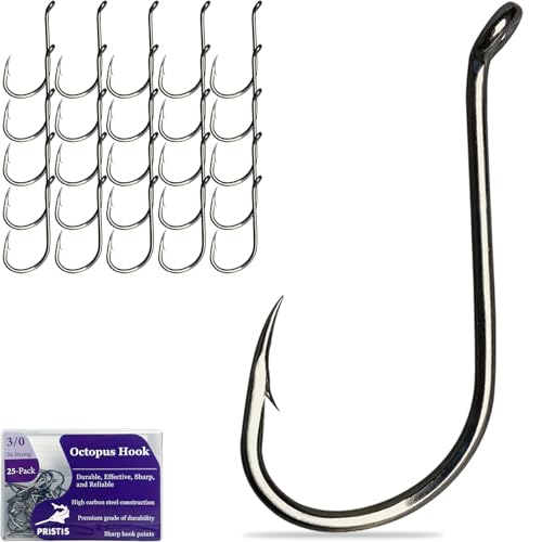 Pristis 25 Pack 3/0 Octopus Fish Hooks, Reinforced High Carbon Steel Offset