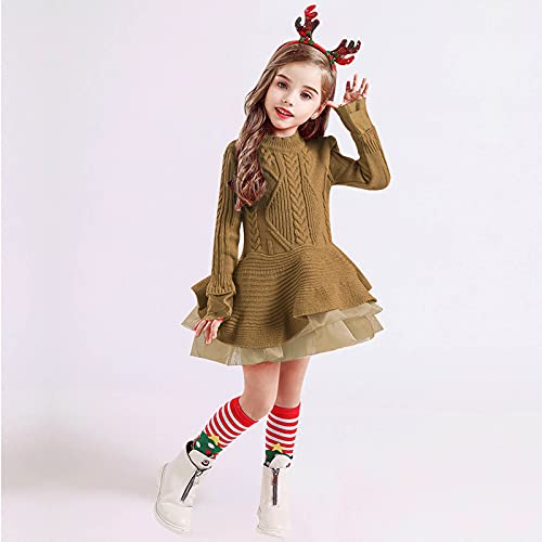Girls Christmas Sweater Dress Toddler Kids Long Sleeve Solid Color Knit Sweater Dress Casual (Khaki, 2-3 Years)3