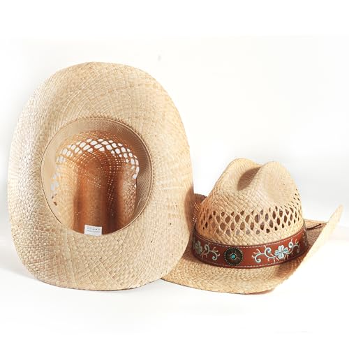 Image of Straw Cowboy Cowgirl Hats for Women Men Summer Beach Sun Hat Panama Woven Straw Hat Wide Brim Western Cowboy Hat, Medium, Natural - Embroidered Belt