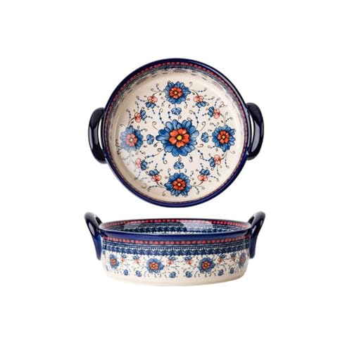 Microondas Plato de cerámica Vintage for hornear, cuenco con mango for el hogar, vajilla creativa de doble oreja, tazón de sopa, plato de ensalada para regalo de boda(18.5cm)