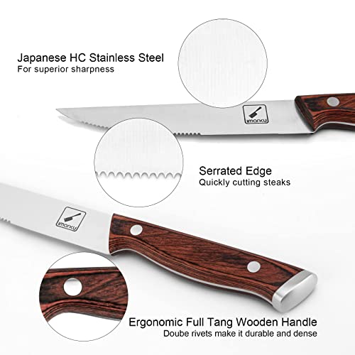 Image of imarku 9 inch Steak Knife Set of 6, Japanese High Carbon Stainless Steel, Serrated Edge Glides Through Steak, No Sharpening, For 6 Guests, Complements Any Table