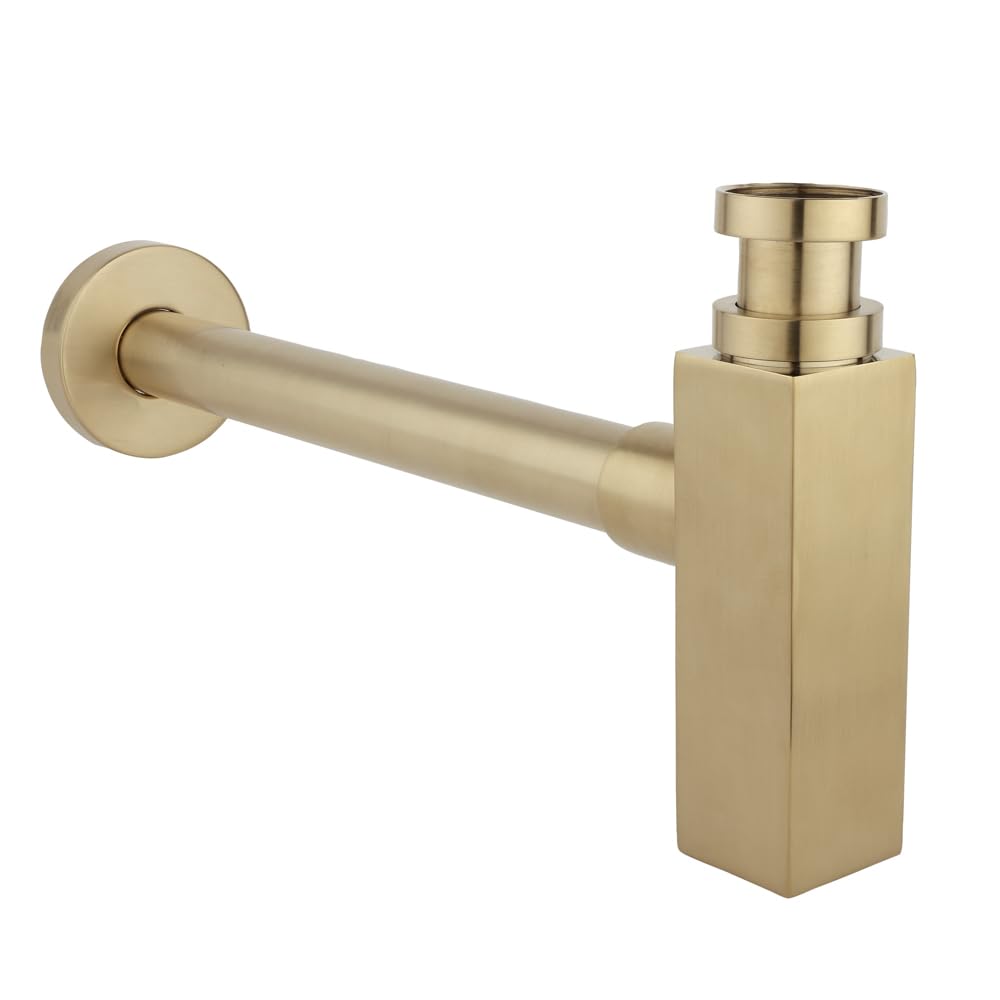 Milano Lyra Square Exposed Bottle Trap for Wall Hung or Washstand Bathroom Basin - Brushed Brass