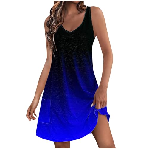 Vestido casual para mujer, con bolsillos, vestido de playa bohemio sin mangas, color degradado, mini vestidos de moda para mujer, holgado, cuello en V, vestido sin mangas para vacaciones, azul marino,